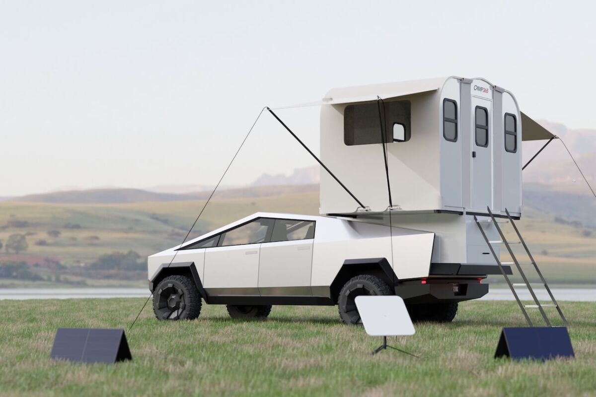 Camp365 foldable RV pod grows Tesla or Ford pickup into mountain cabin